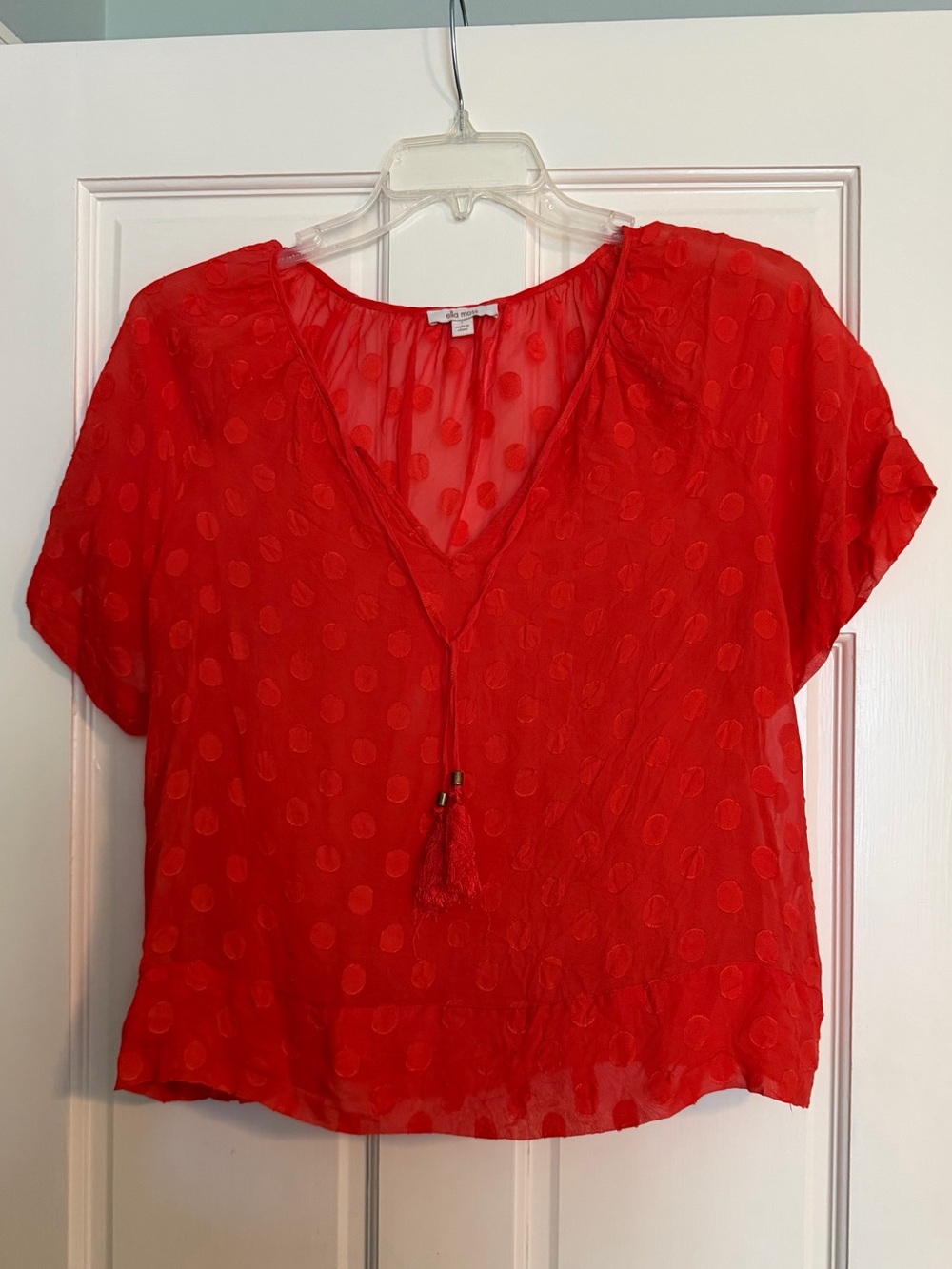 Ella Moss Red Sheer Dot Tassel V-Neck Blouse - No Lining